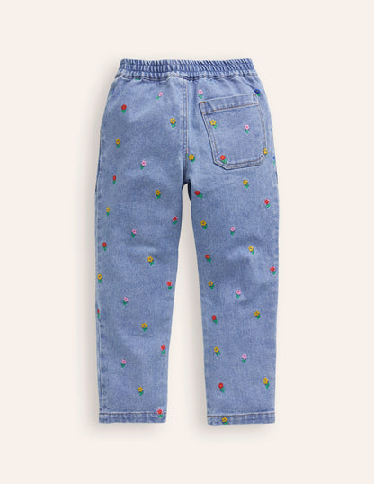 Embroidered Pull-On Pants-Denim Floral Embroidery