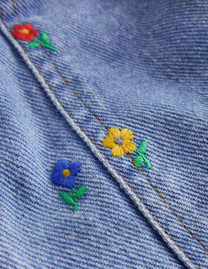 Embroidered Pull-On Pants-Denim Floral Embroidery