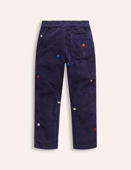 Embroidered Pull-On Pants-College Navy Apples