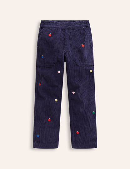 Embroidered Pull-On Pants-College Navy Apples