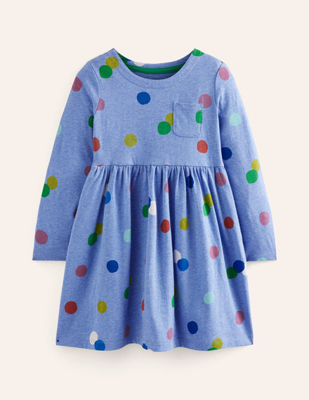 Long-Sleeved Fun Jersey Dress-Blue Marl Painted Spot