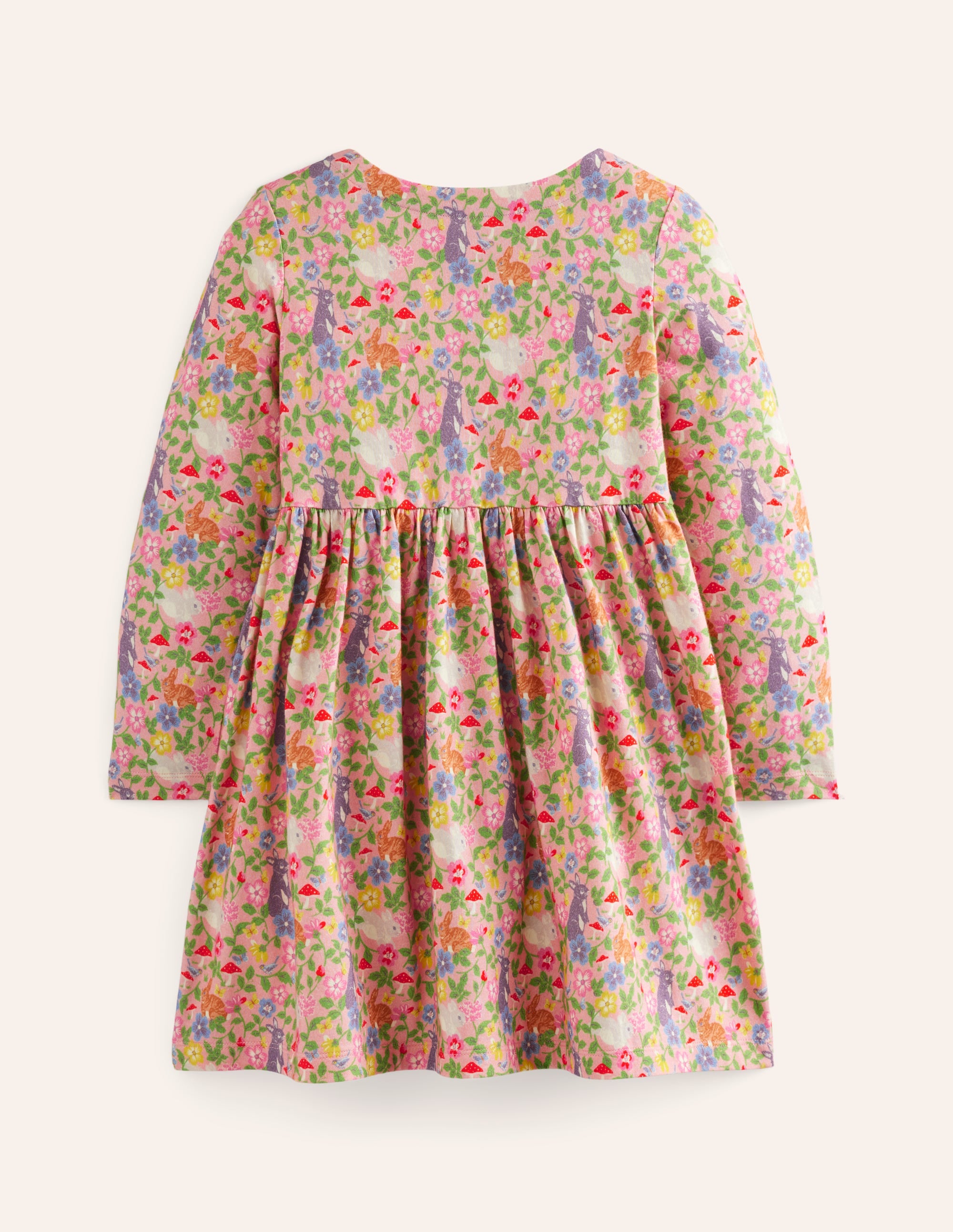Long-Sleeved Fun Jersey Dress-Vintage Pink Bunny Field - Image 2