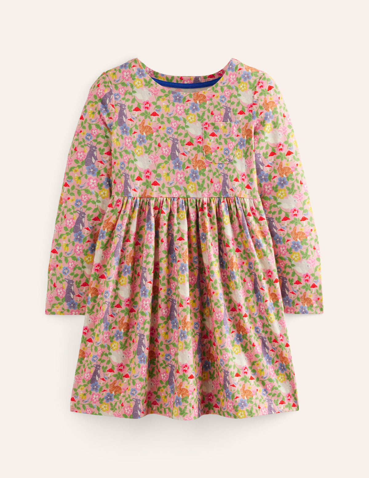 Long-Sleeved Fun Jersey Dress-Vintage Pink Bunny Field - Image 1