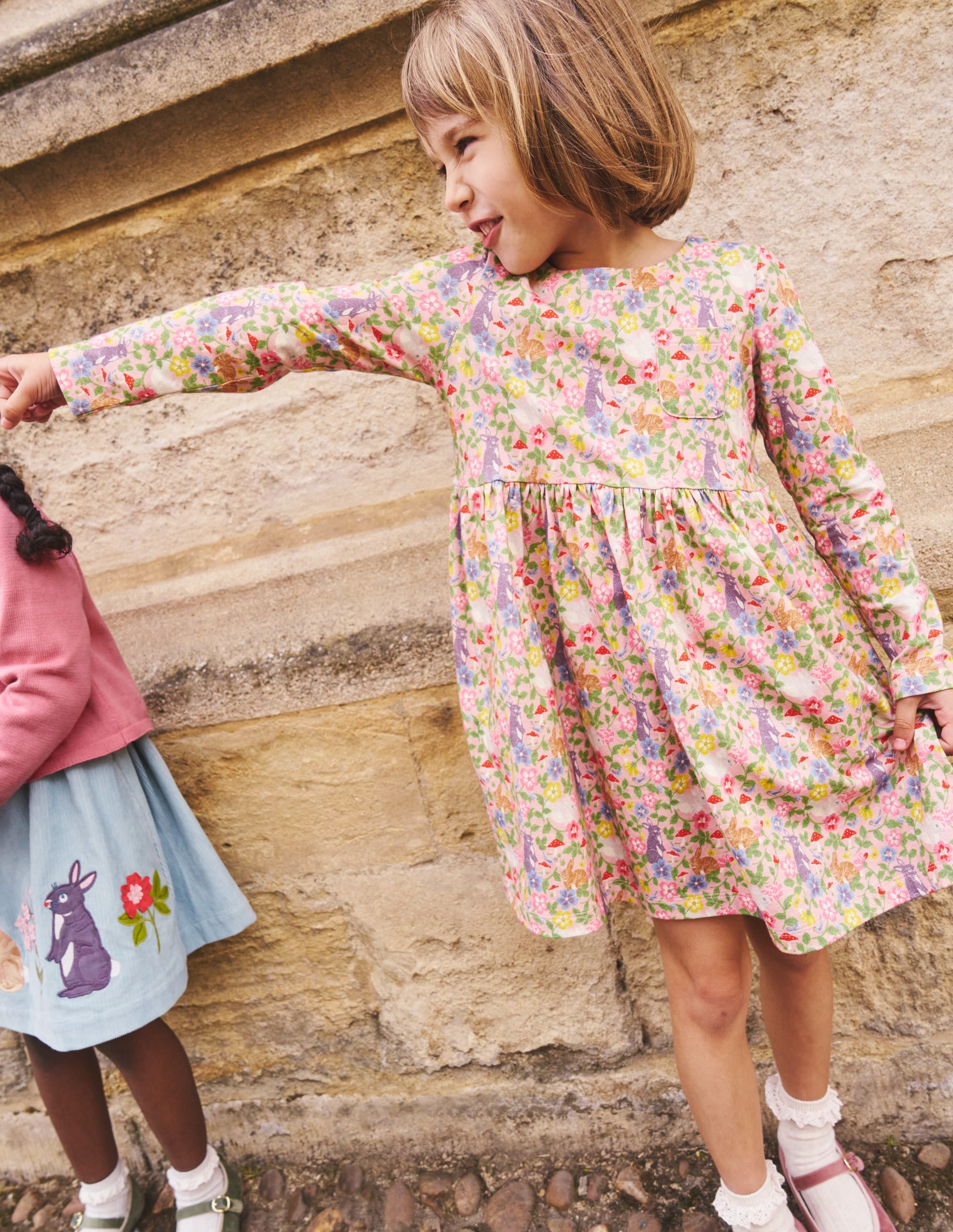 Long-Sleeved Fun Jersey Dress-Vintage Pink Bunny Field - Image 4