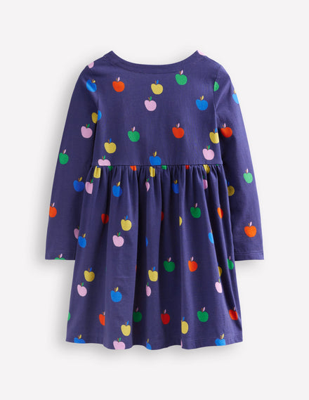 Long-Sleeved Fun Jersey Dress-College Navy Rainbow Apples