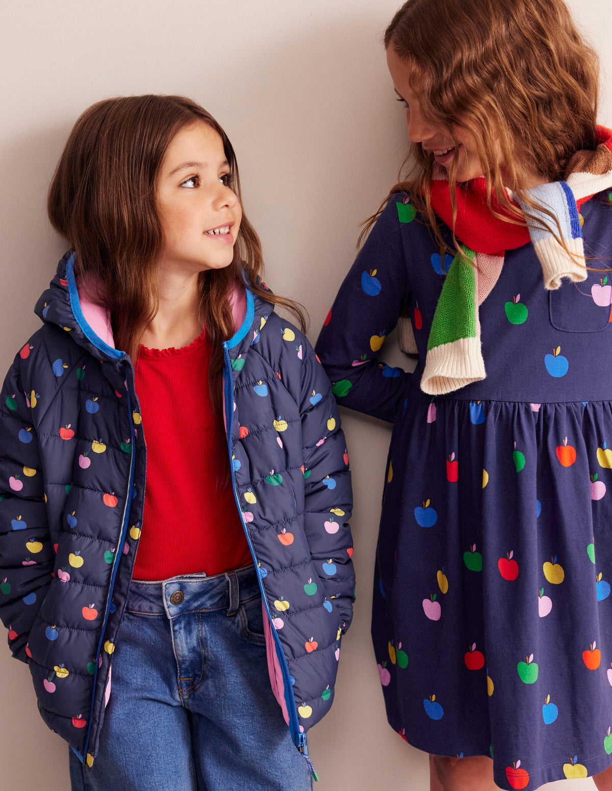 Long-Sleeved Fun Jersey Dress-College Navy Rainbow Apples - Image 1