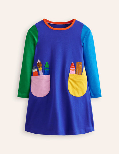 Elsie Big Appliqué Dress-Blue Back to School Pockets