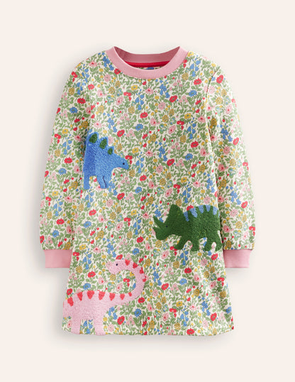 Ida Sweatshirt Appliqué Dress-Multi Meadow Floral Dinosaurs