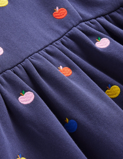 Embroidered Sweatshirt Dress-College Navy Rainbow Apples