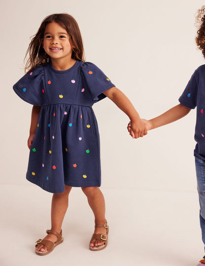 Embroidered Sweatshirt Dress-College Navy Rainbow Apples