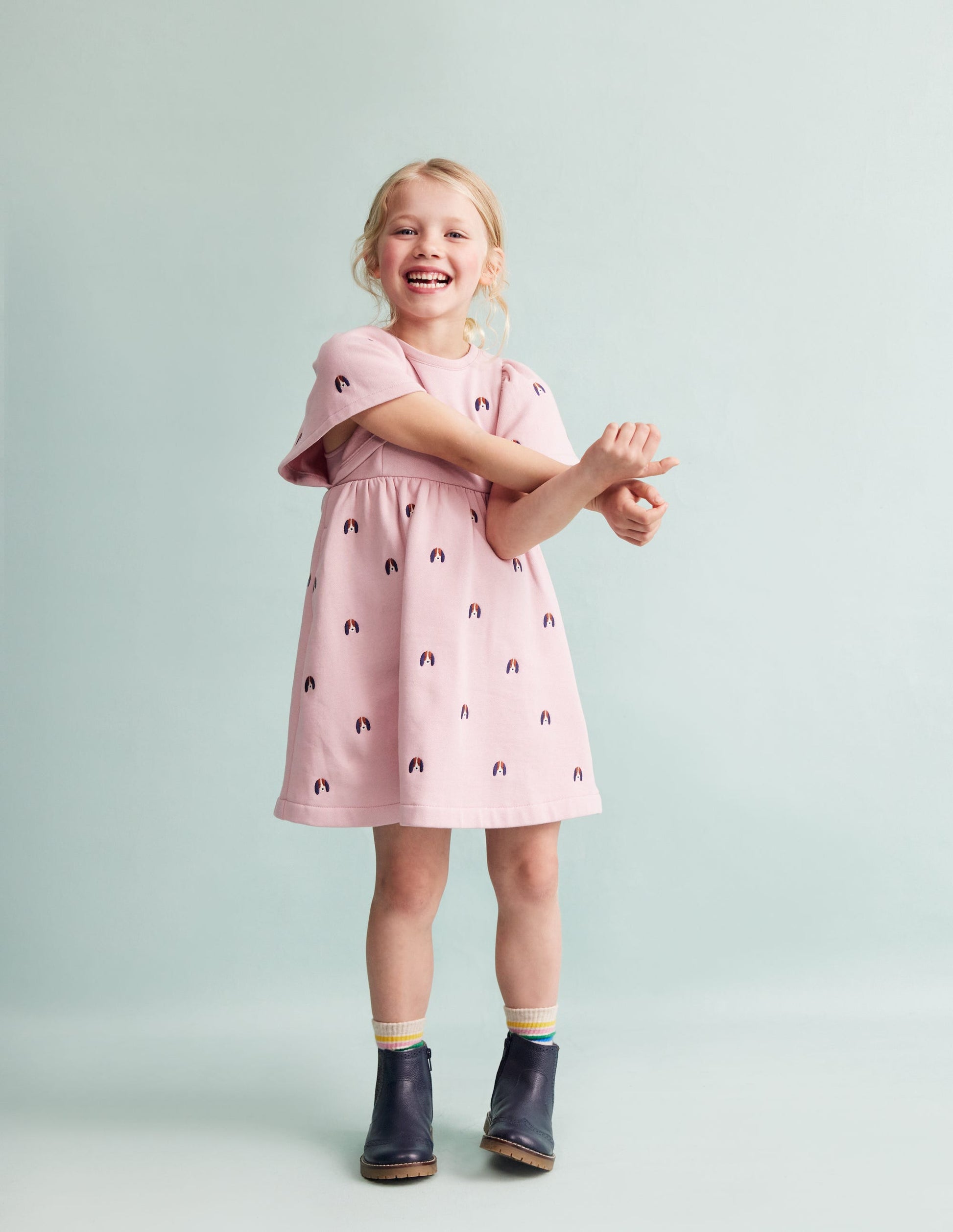 Embroidered Sweatshirt Dress-Vintage Pink Pups-1