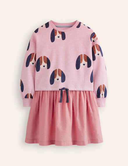 Sweatshirt Woven Mix Dress-Almond Pink Marl Pups