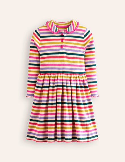 Collared Rib Twirly Dress-Oatmeal Melange Multi Stripe