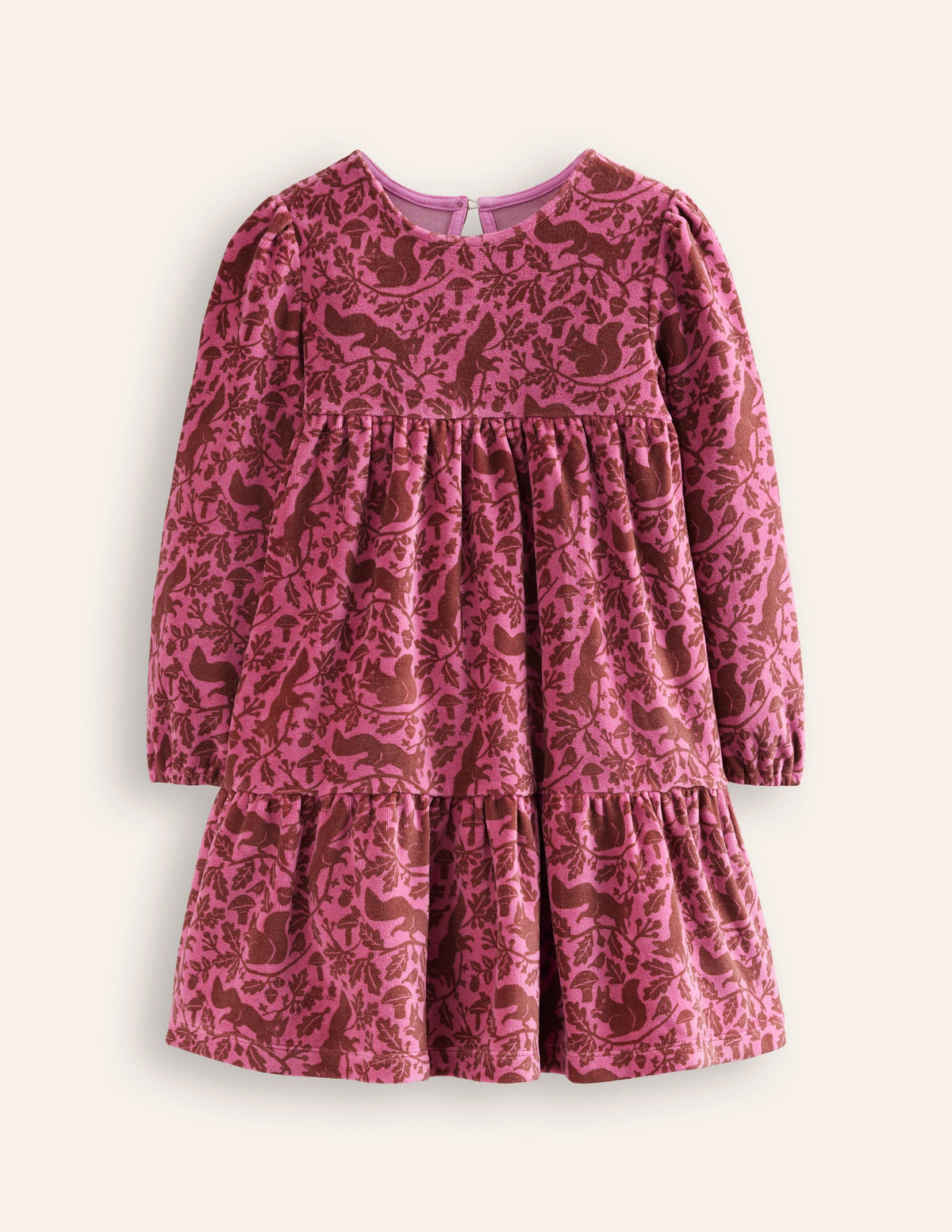 Tiered Velour Dress-Teacup Pink Woodland Squirrel-1