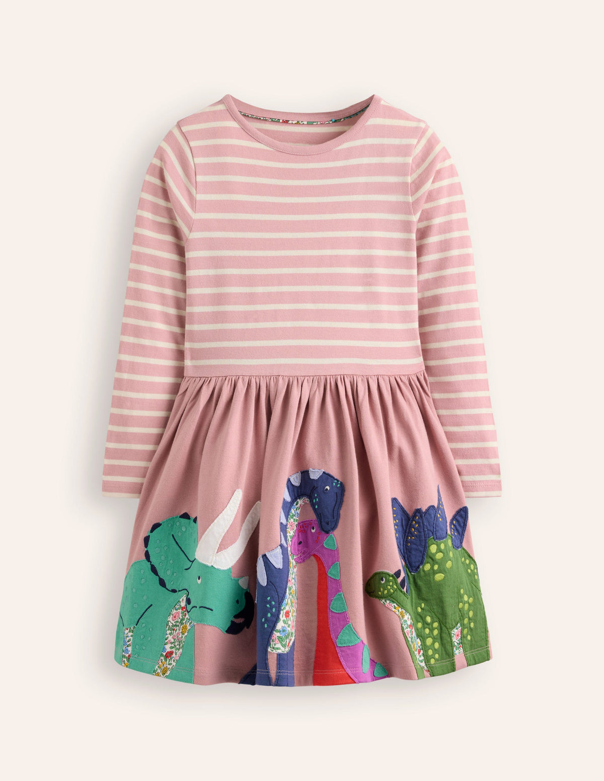 Appliqué Hem Jersey Dress-Vintage Pink Dinosaurs - Image 1