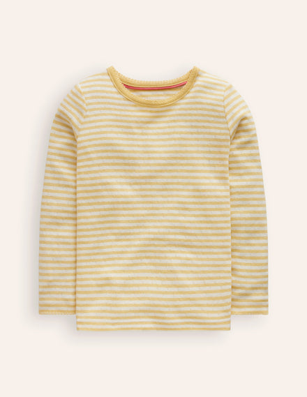 Long Sleeve Pointelle Top-Ivory/ Yellow Stripe