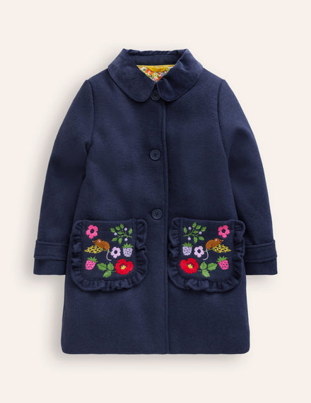 Wonderful Wool Blended Coat-College Navy Embroidery