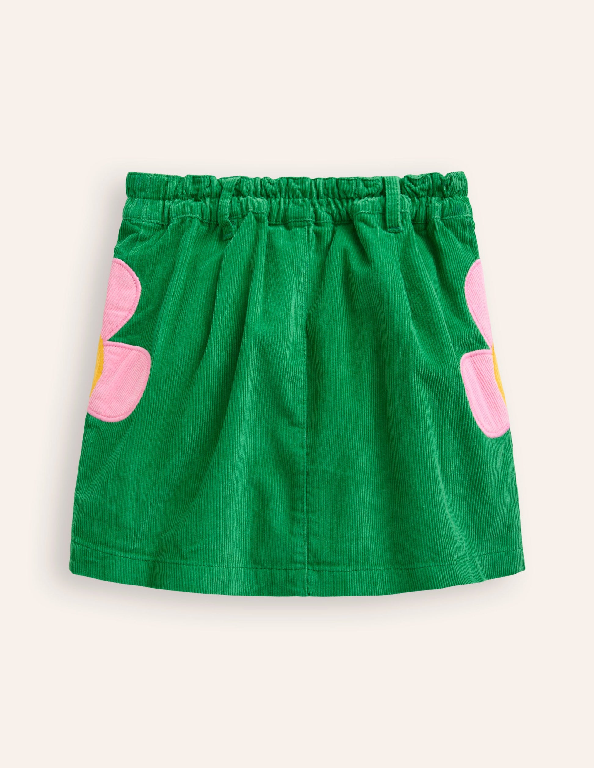 Button Pull-On Mini Skirt-Iguana Green Appliqué Flowers-2