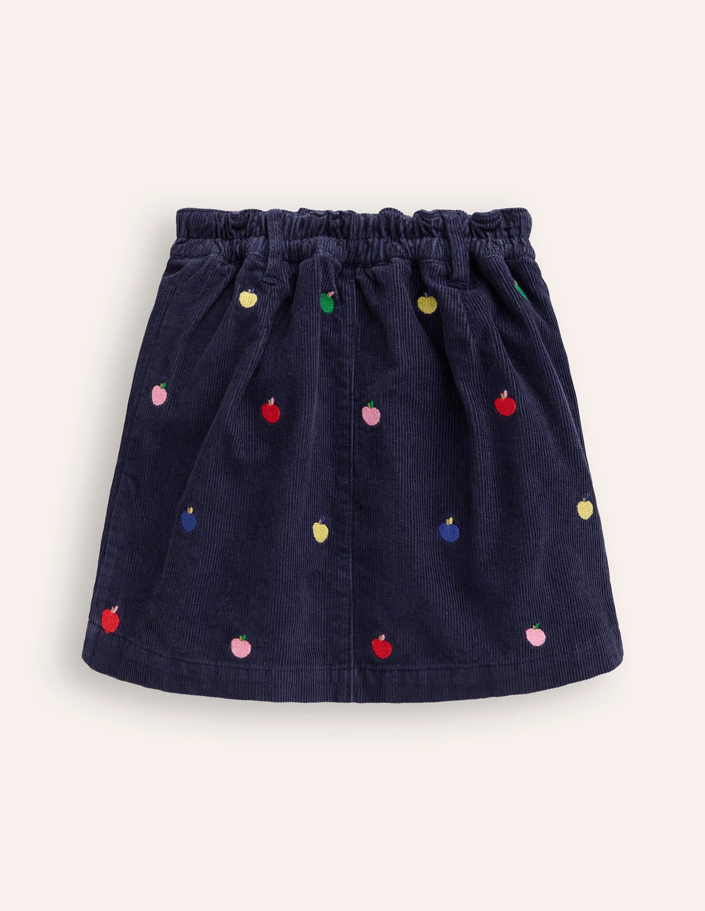 Button Pull-On Mini Skirt-Navy Multi Apples Embroidery - Image 4