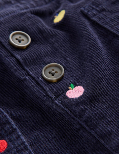 Button Pull-On Mini Skirt-Navy Multi Apples Embroidery