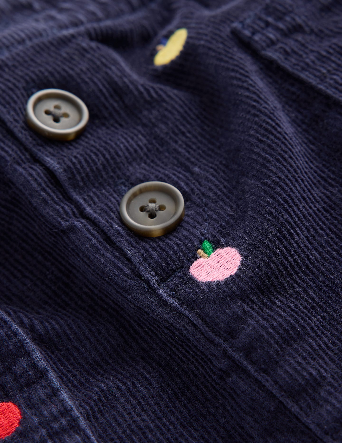 Button Pull-On Mini Skirt-Navy Multi Apples Embroidery-6