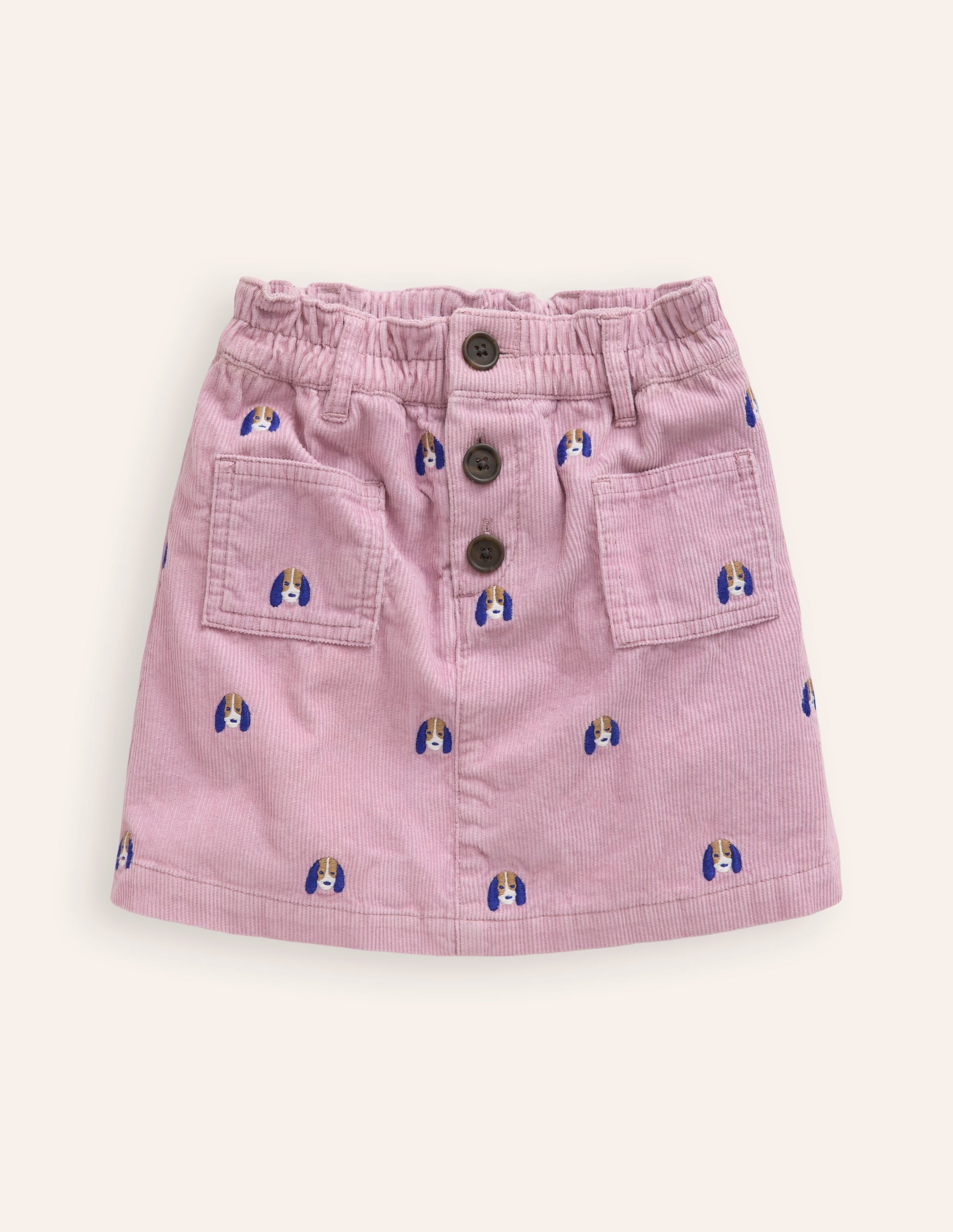 Button Pull-On Mini Skirt-Zephyr Pink Pup Embroidery - Image 2