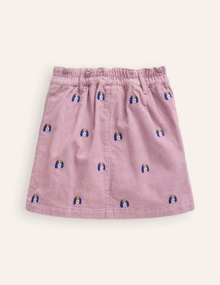 Button Pull-On Mini Skirt-Zephyr Pink Pup Embroidery