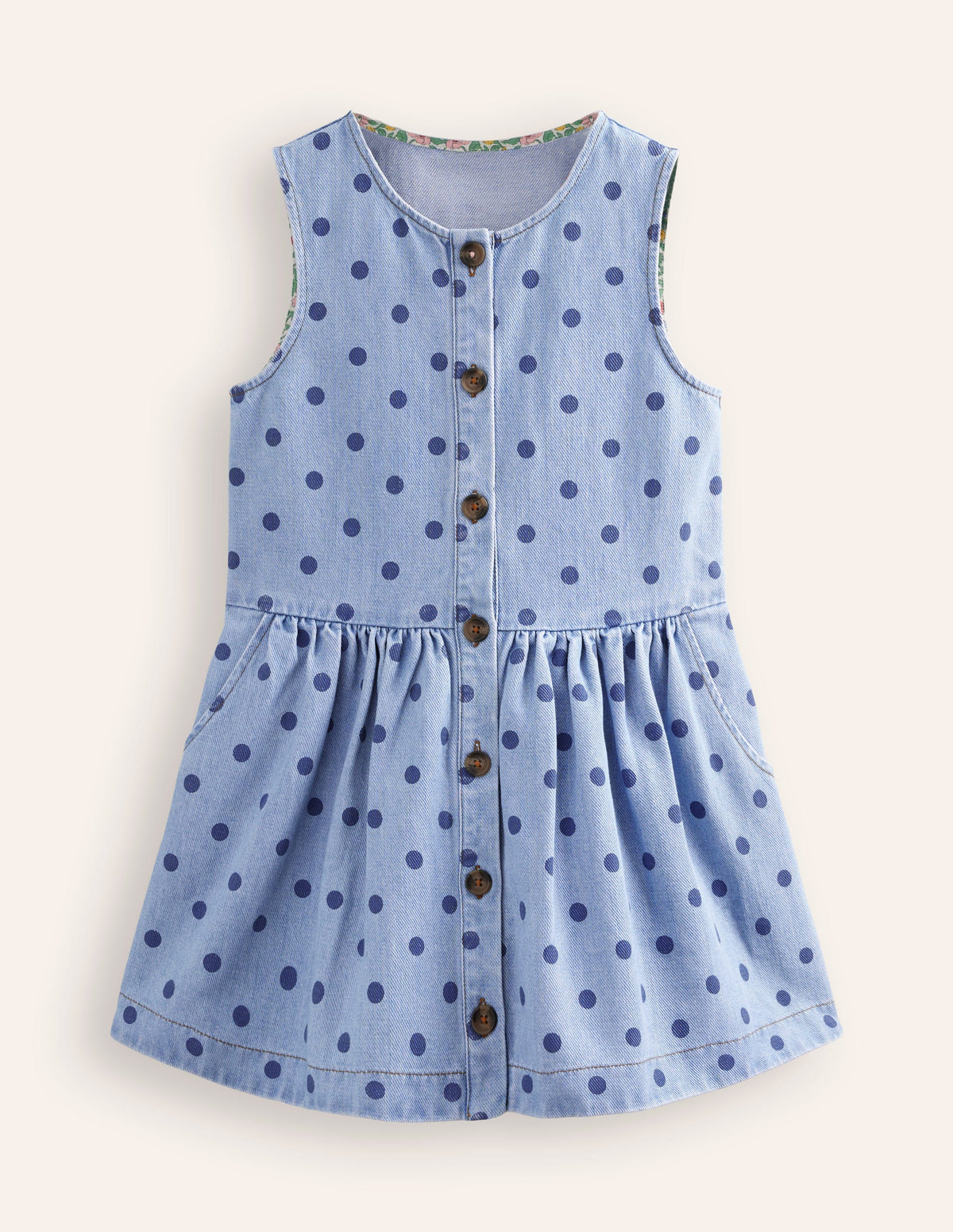 Button Through Pinafore Dress-Mid Vintage Denim Spot - Image 1