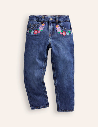 Relaxed Straight Jean-Mid Vintage Floral Embroidery