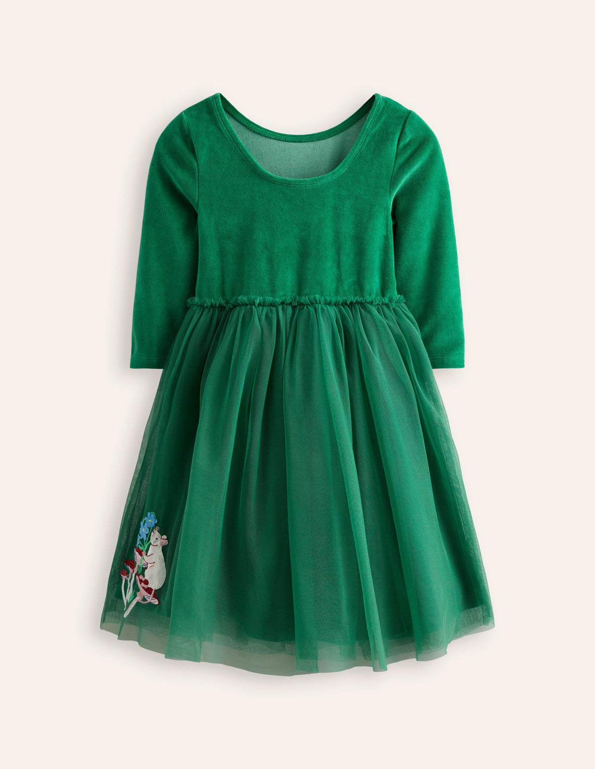 Velvet Tulle Appliqué Dress-Jewel Green Woodland Animals - Image 1