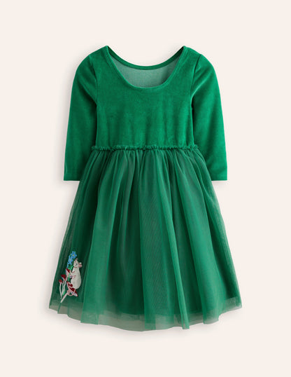 Velvet Tulle Appliqué Dress-Jewel Green Woodland Animals