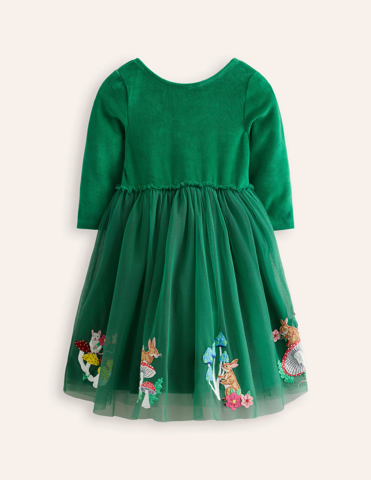 Velvet Tulle Appliqué Dress-Jewel Green Woodland Animals - Image 2