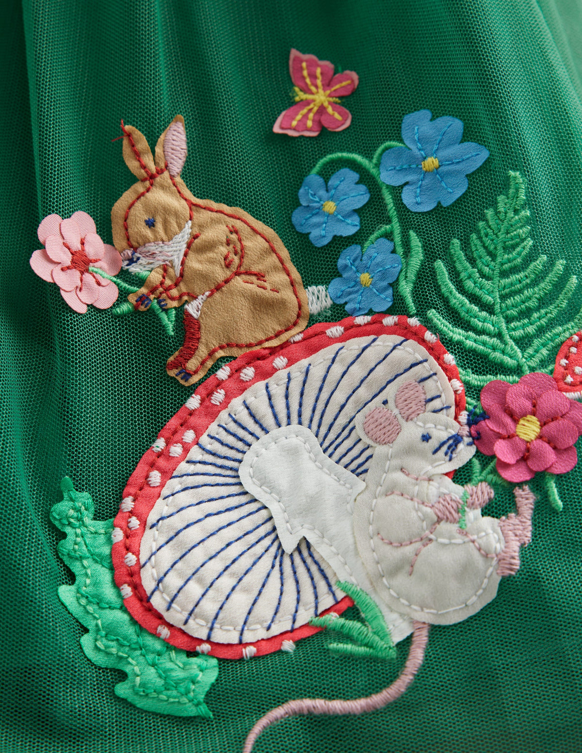 Velvet Tulle Appliqué Dress-Jewel Green Woodland Animals - Image 3