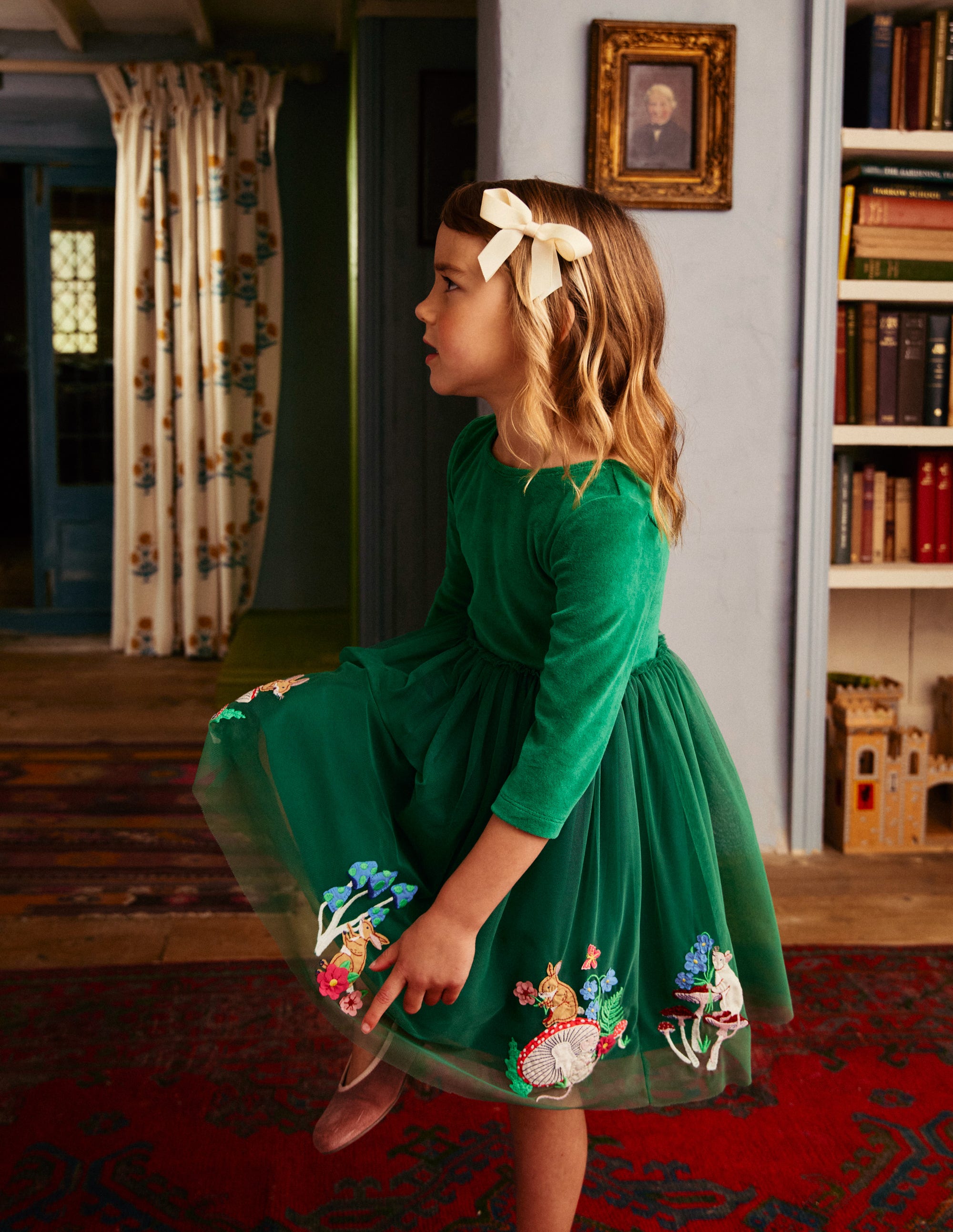 Velvet Tulle Appliqué Dress-Jewel Green Woodland Animals - Image 4