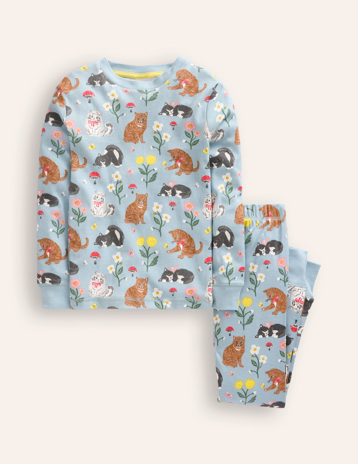 Snug Long John Pajamas-Turquoise Cats - Image 1