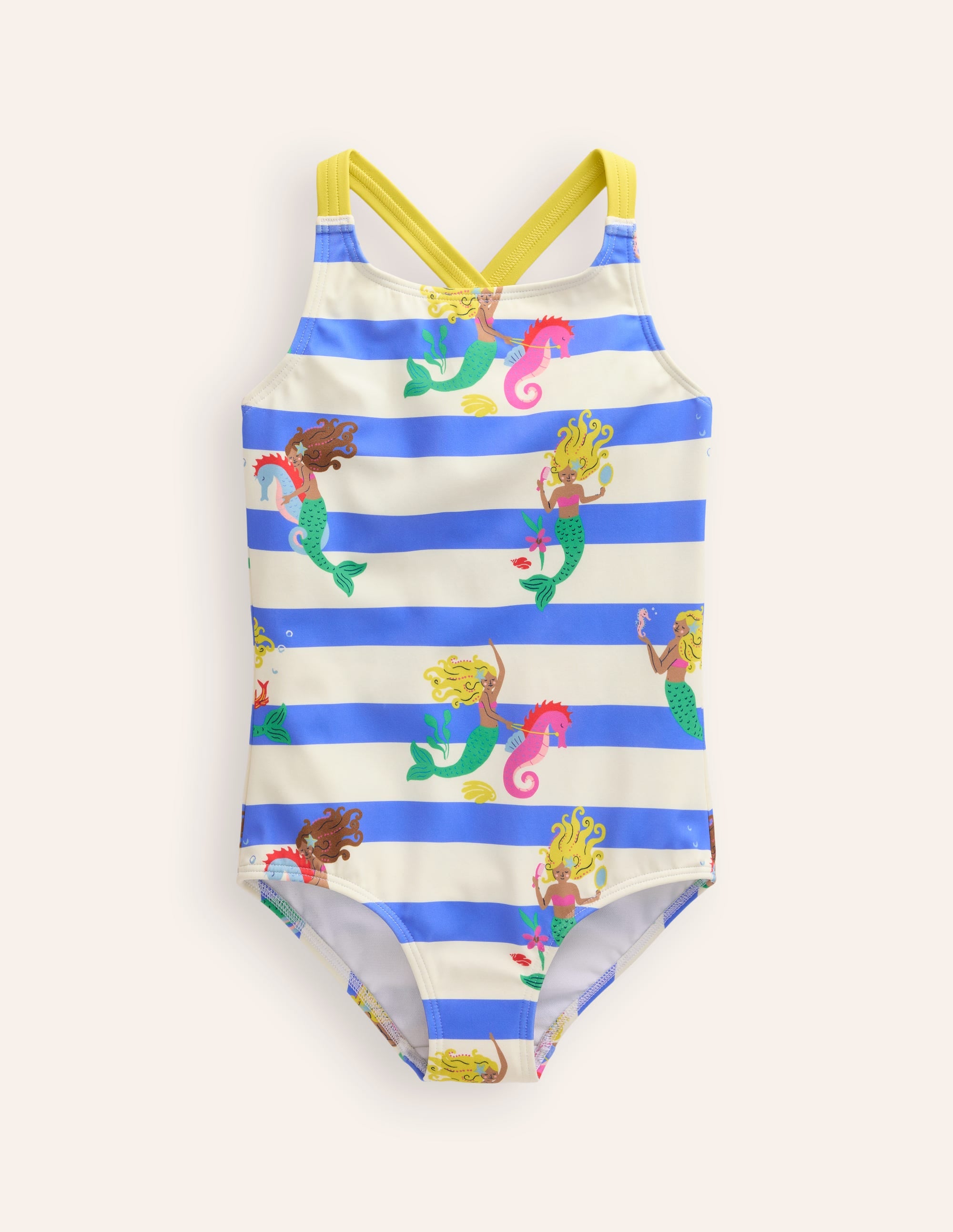 Cross-back Printed Swimsuit-Surf Blue Mermaid Stripe - Image 1