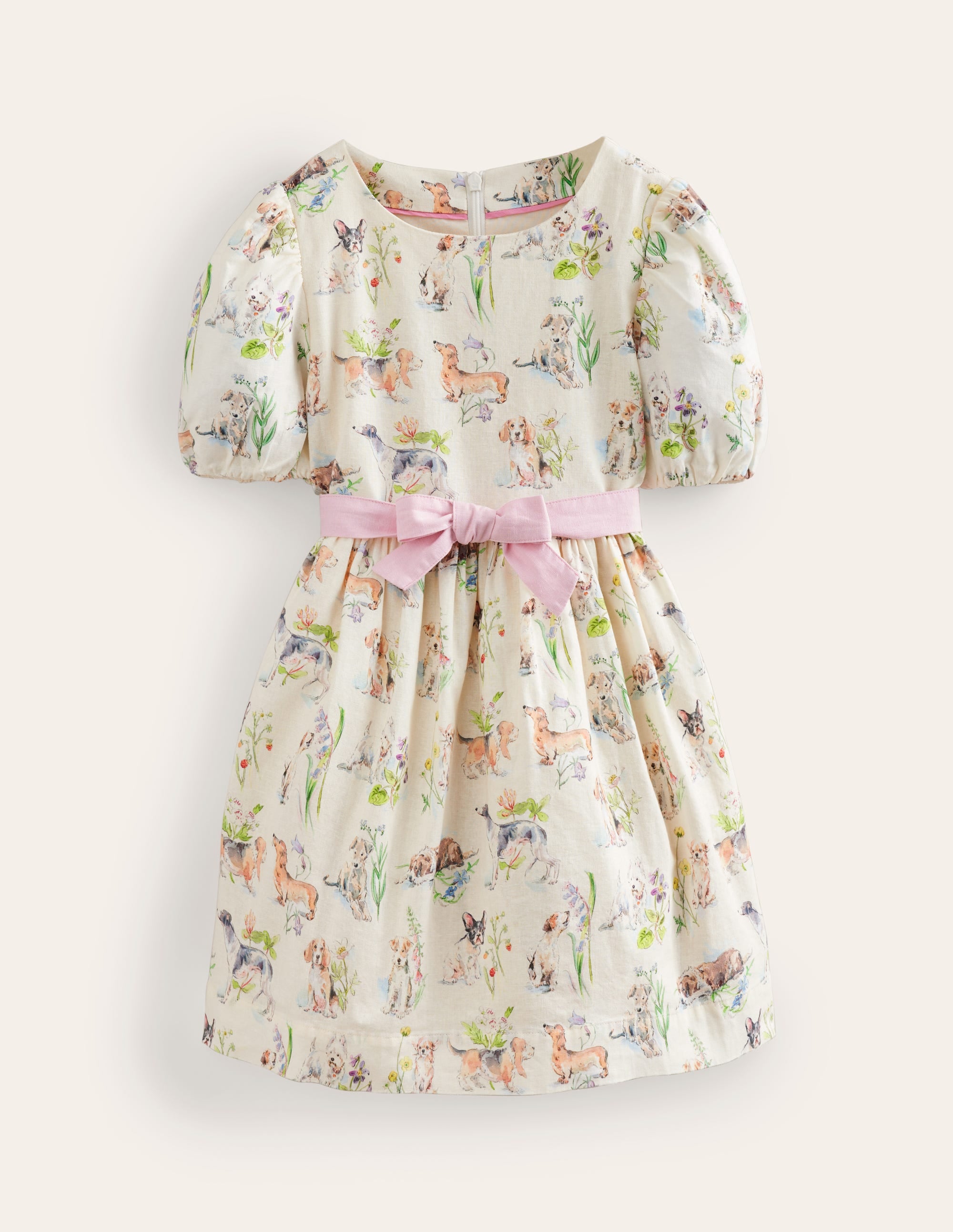 Cotton Linen Vintage Dress-Ivory Painted Puppies - Image 1