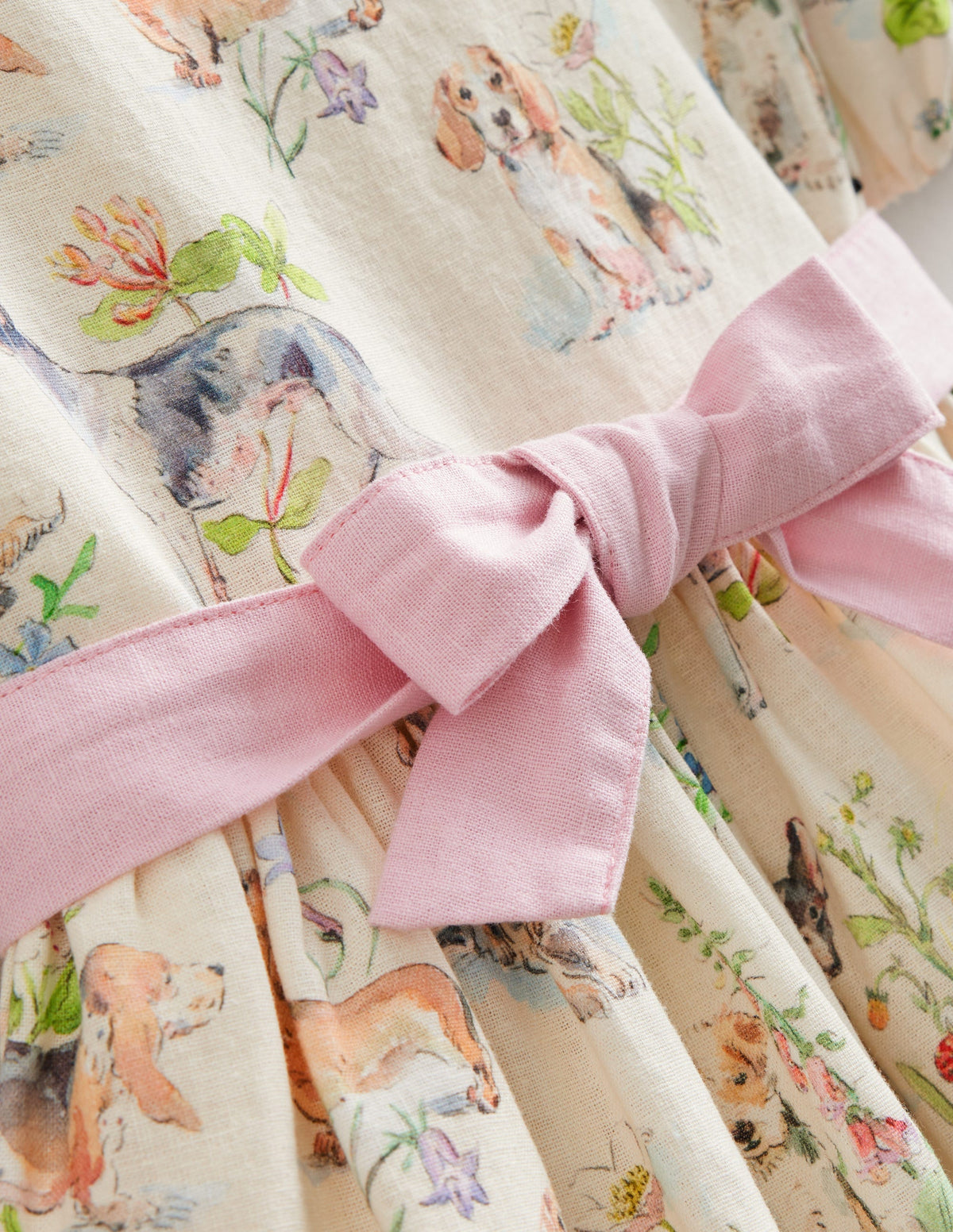 Cotton Linen Vintage Dress-Ivory Painted Puppies - Image 3