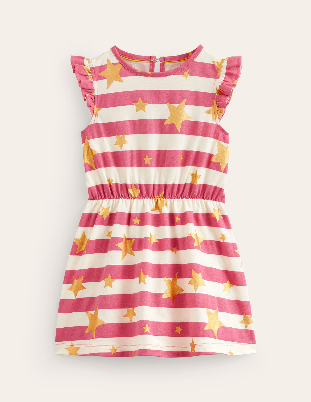 Frill Sleeve Jersey Dress-Rose Pink Gold Star Stripe-1