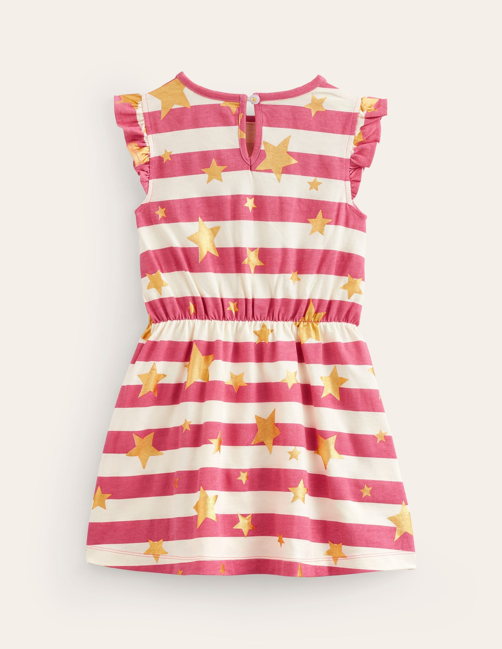 Frill Sleeve Jersey Dress-Rose Pink Gold Star Stripe-2