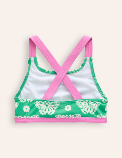 Cross Back Bikini Top-Pea Green Butterfly Stamp