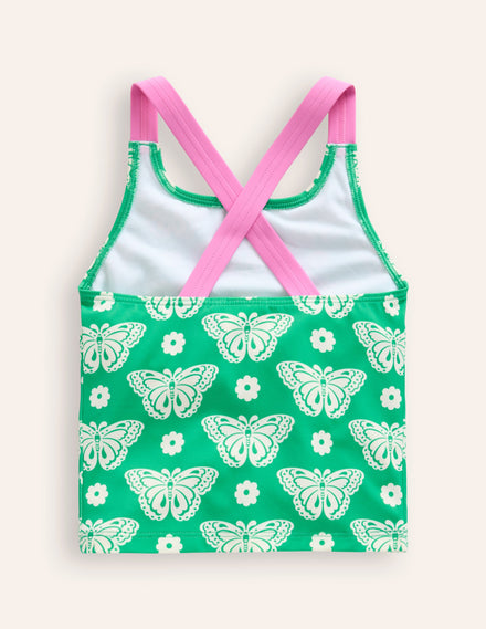 Cross Back Tankini Top-Pea Green Butterfly Stamp