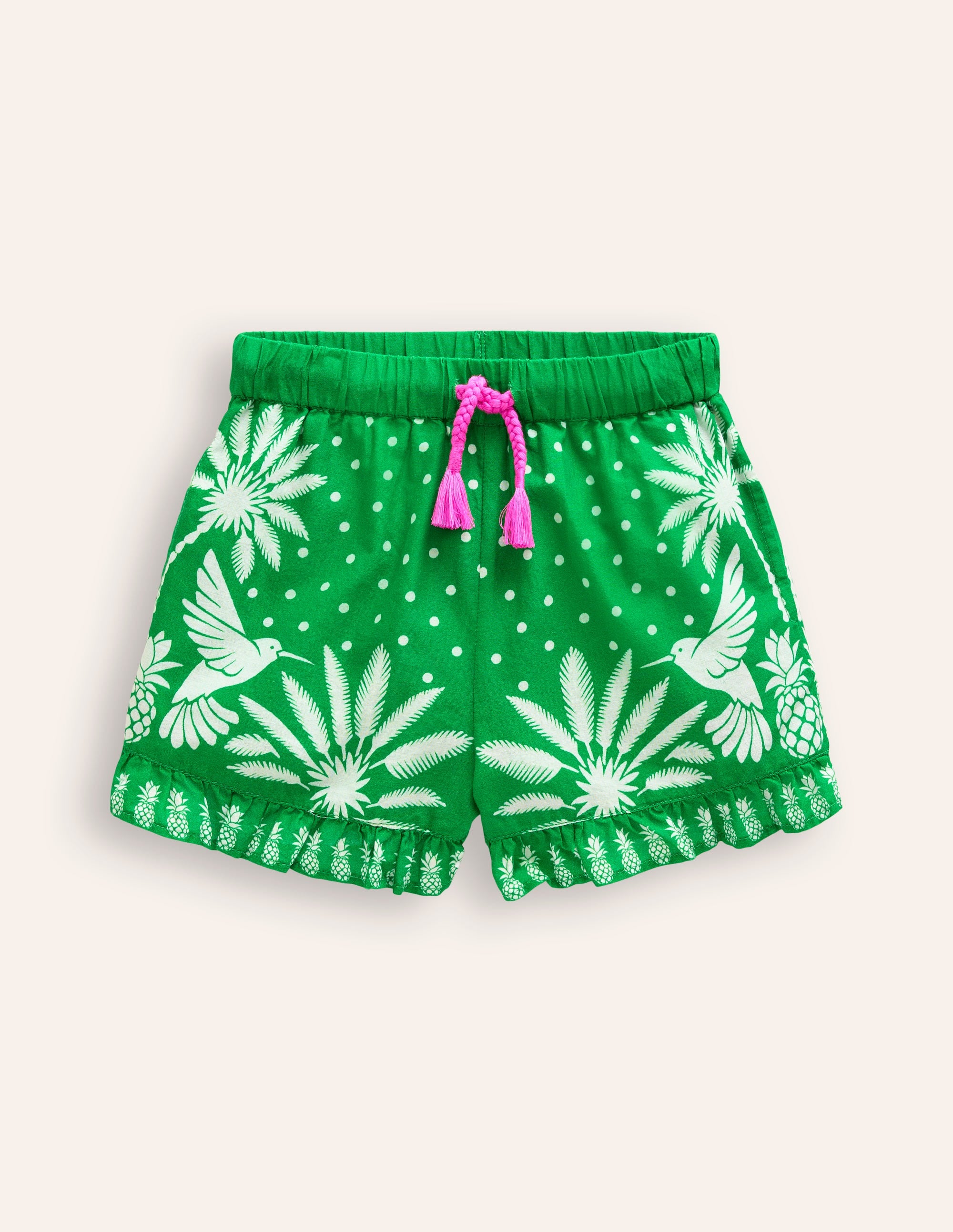 Frill Hem Woven Shorts-Runner Bean Green Palm - Image 1