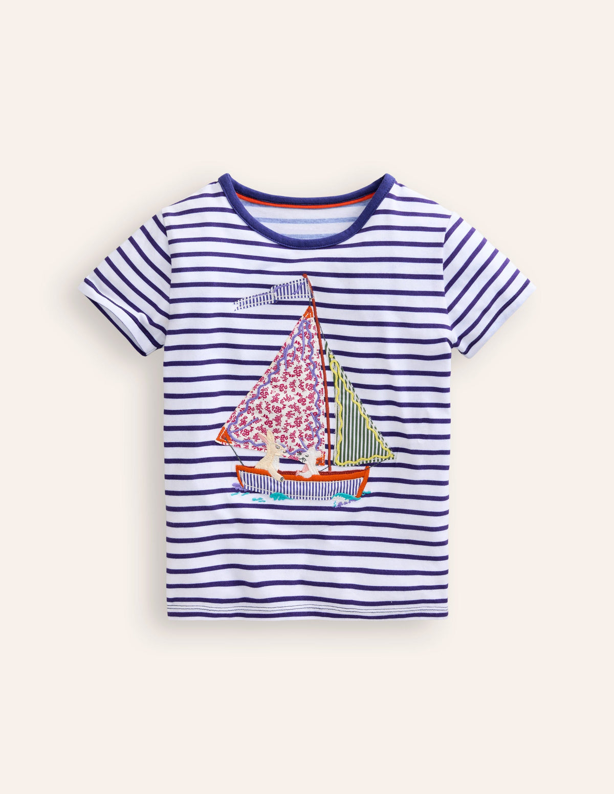 Short Sleeve Appliqué T-shirt-Ivory/ Starboard Stripe Boat - Image 1