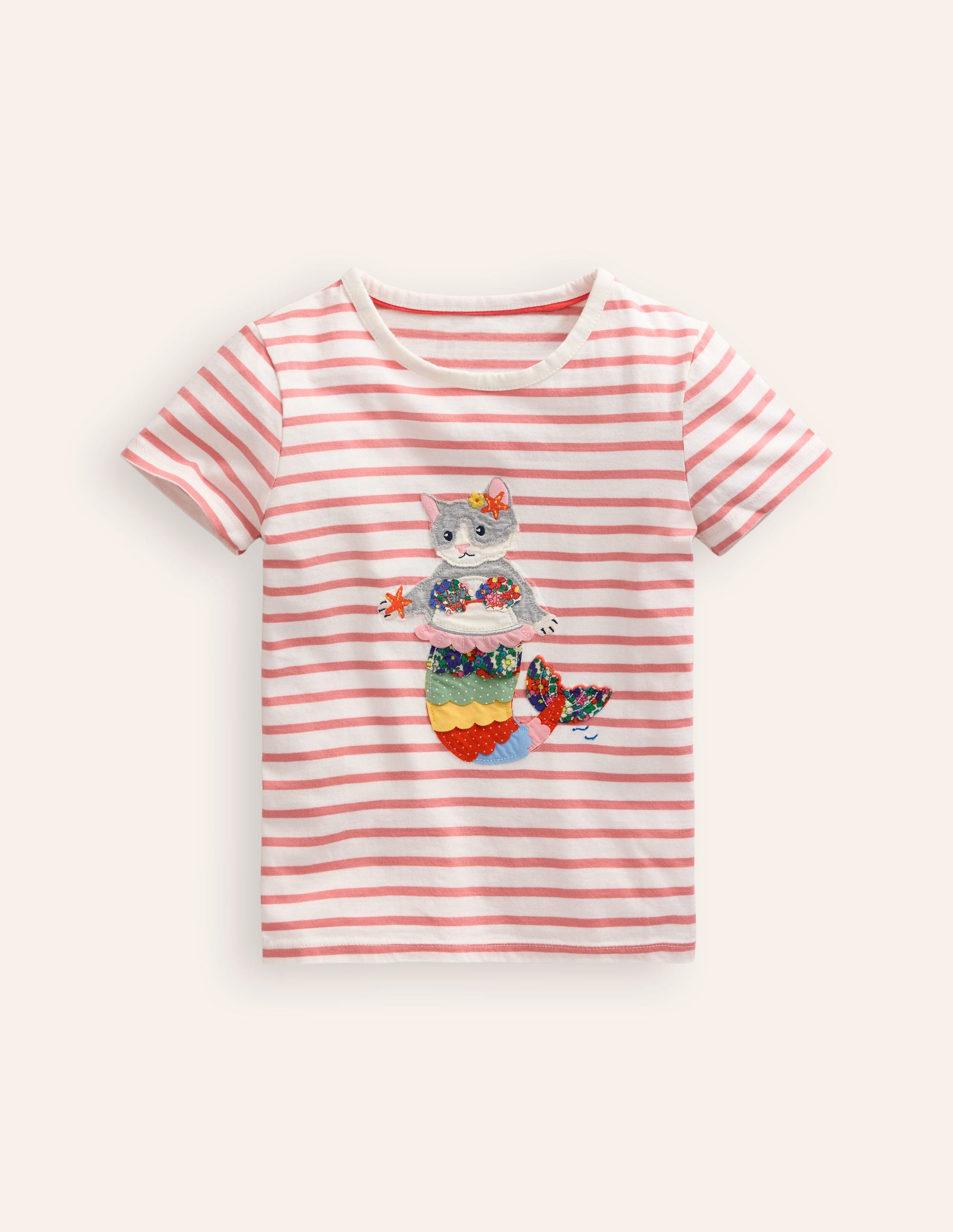 Short Sleeve Appliqué T-shirt-Ivory/ Pink MerCat-1