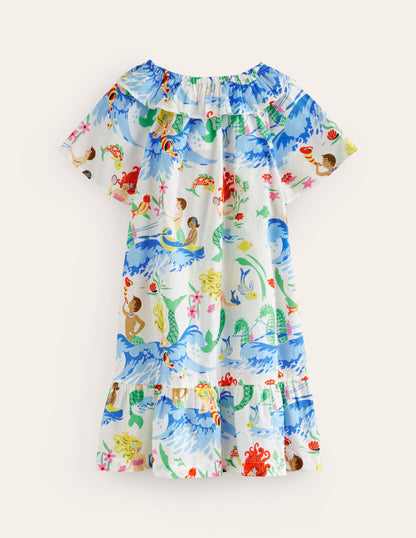 Frill Neck Woven Dress-Ivory Waterbabies-2