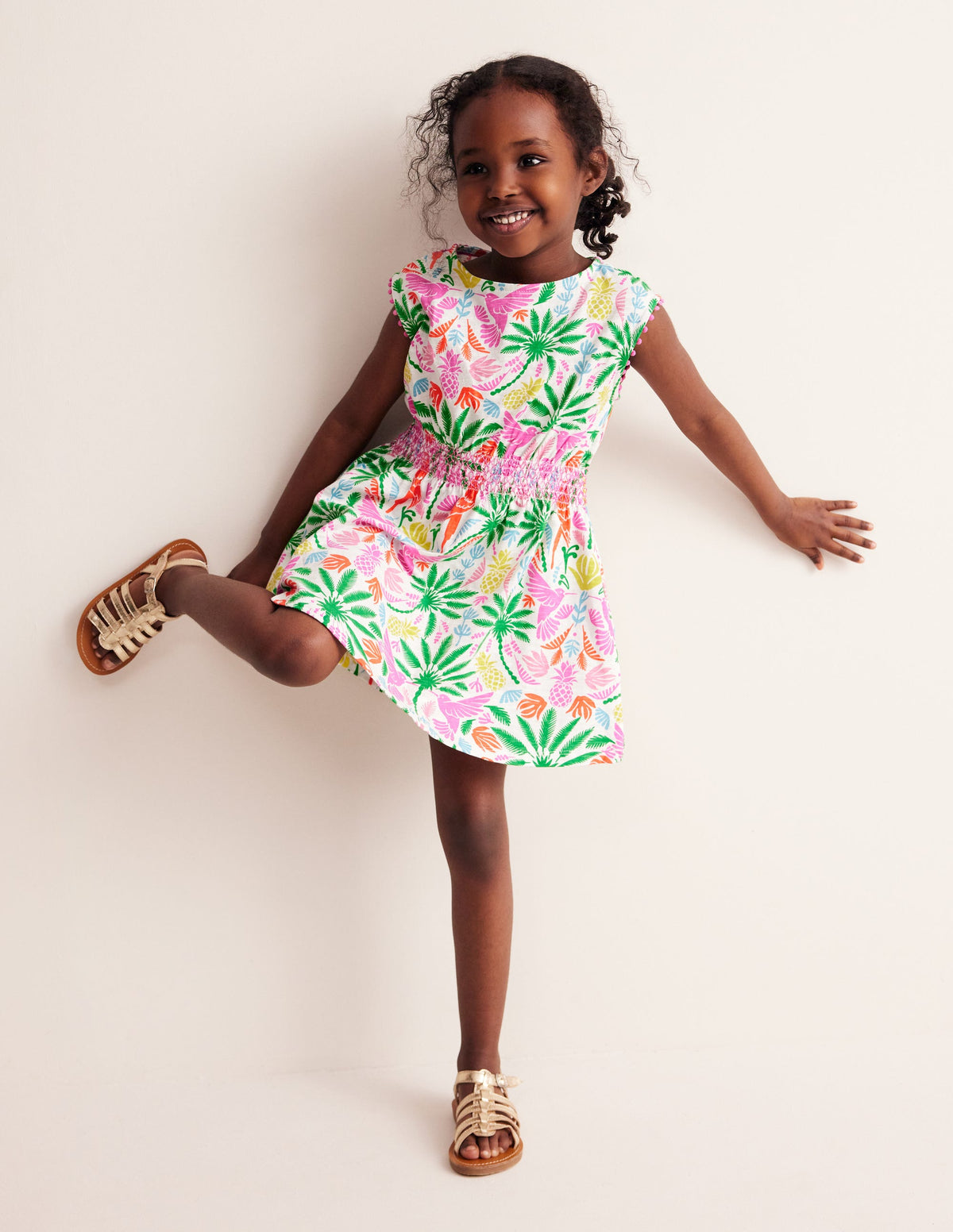 Shirred Waist Jersey Dress-Multi Rainbow Palm - Image 1