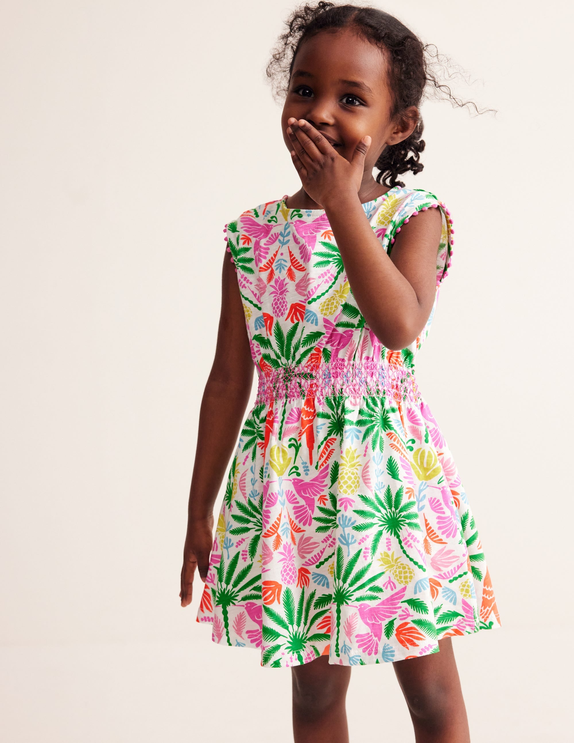 Shirred Waist Jersey Dress-Multi Rainbow Palm - Image 2