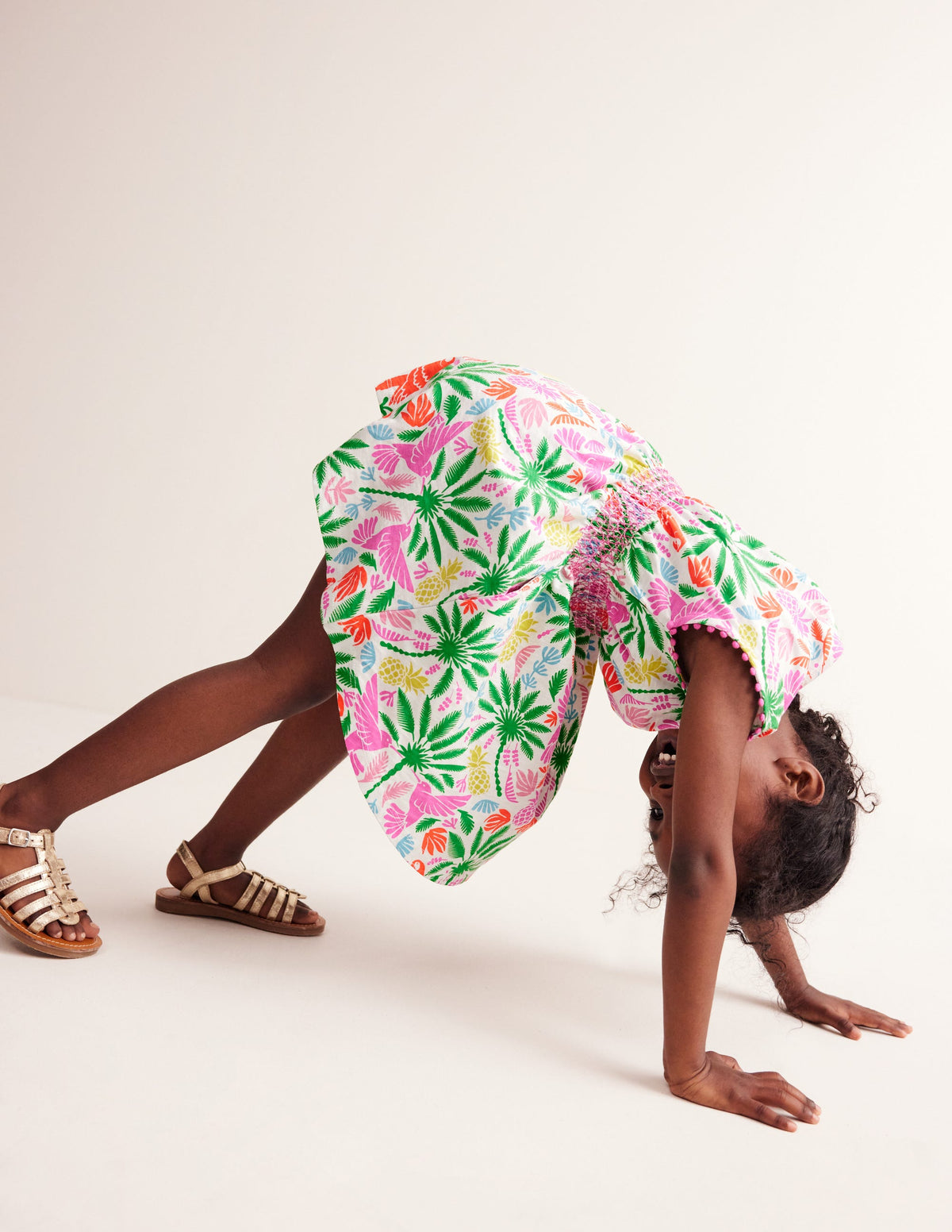 Shirred Waist Jersey Dress-Multi Rainbow Palm - Image 3