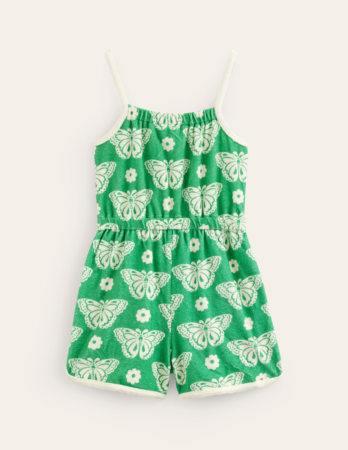 Strappy Towelling Romper-Pea Green Butterfly Stamp - Image 2